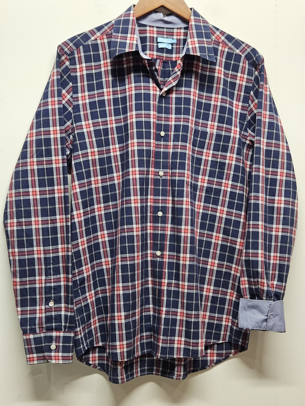 J. McLaughlin Modern Fit Mens Plaid LS Shirt Size L Contrast Cuff Preppy Classic
